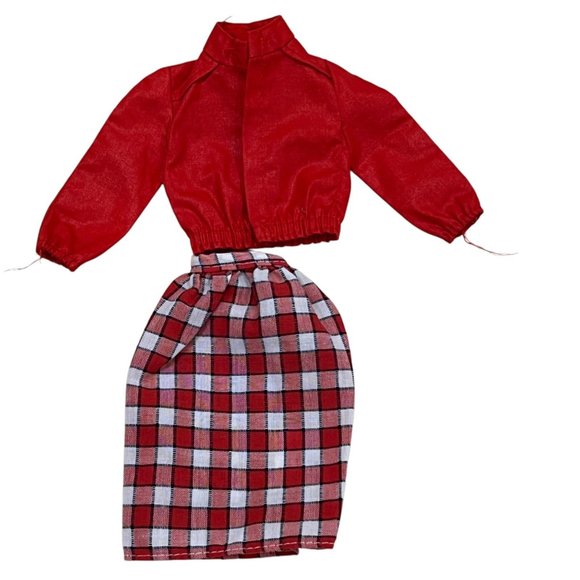 Vintage Barbie Doll Red Long Sleeve Top & Plaid Check Skirt Set - Picture 1 of 3